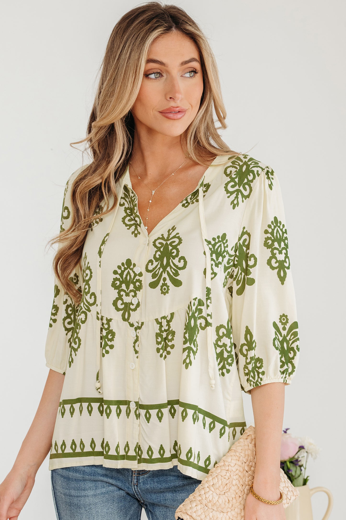 Boho Abstract Tie V-Neck Puff Sleeve Shirt