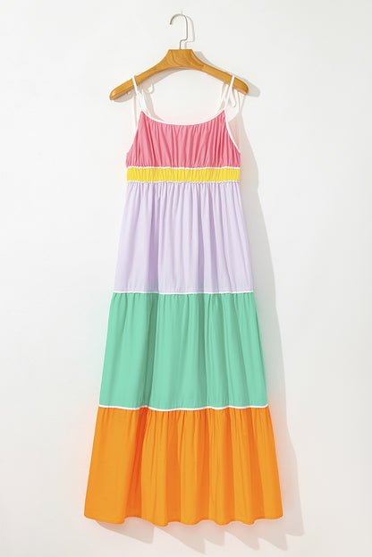 Colorblock Self-Tie Straps Pocketed Flowy Maxi Dress