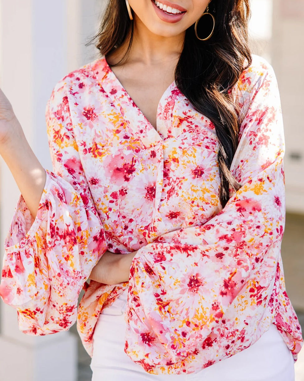 Floral Bubble Sleeve V-Neck Blouse