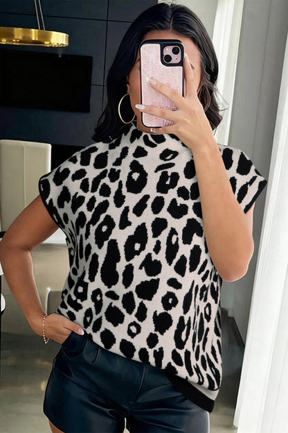 Leopard Mock Neck Short Sleeve Sweater
