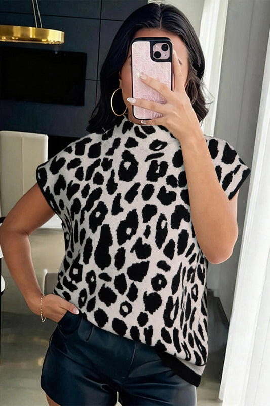Leopard Mock Neck Short Sleeve Sweater