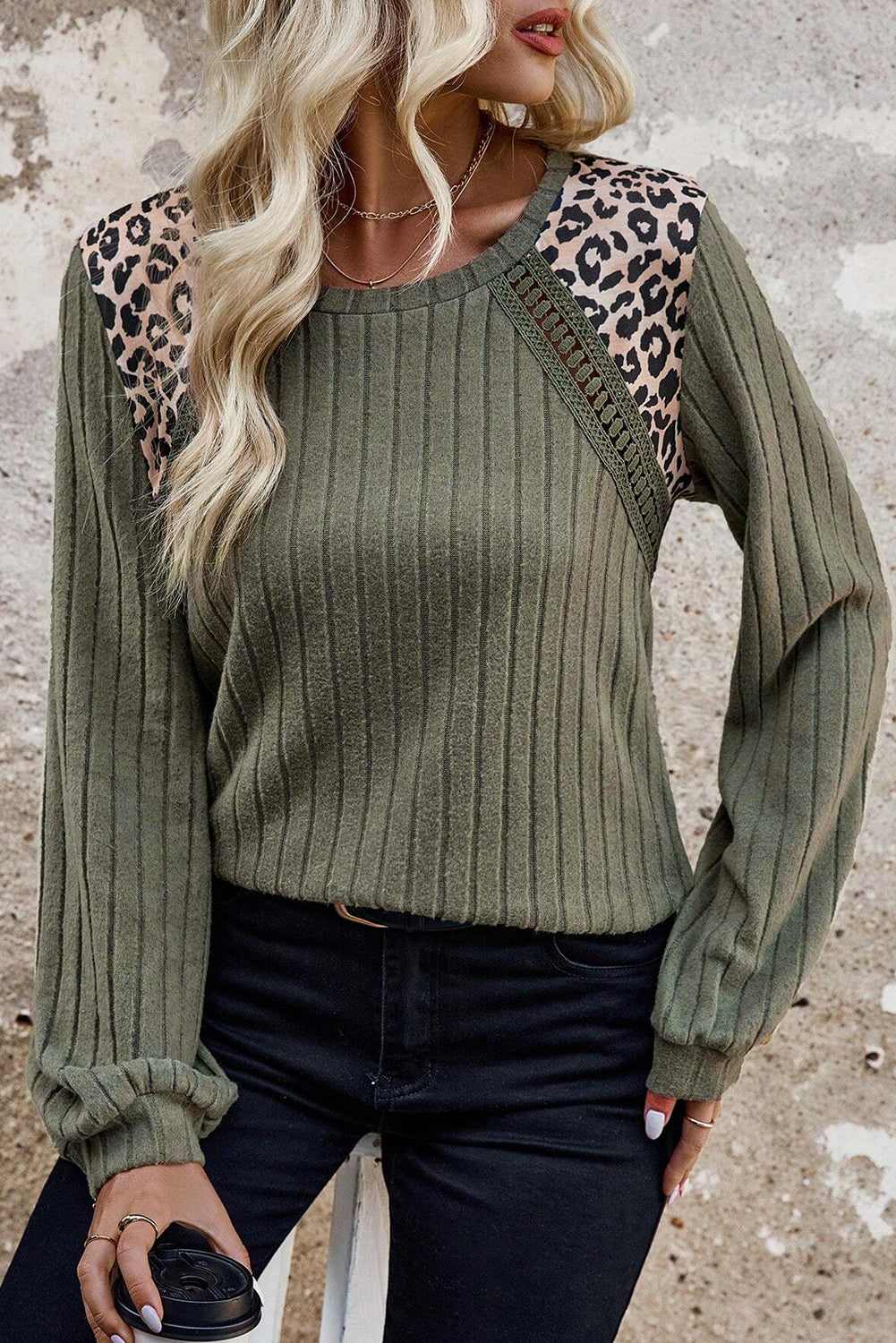 Leopard Patchwork Ribbed Knit Top