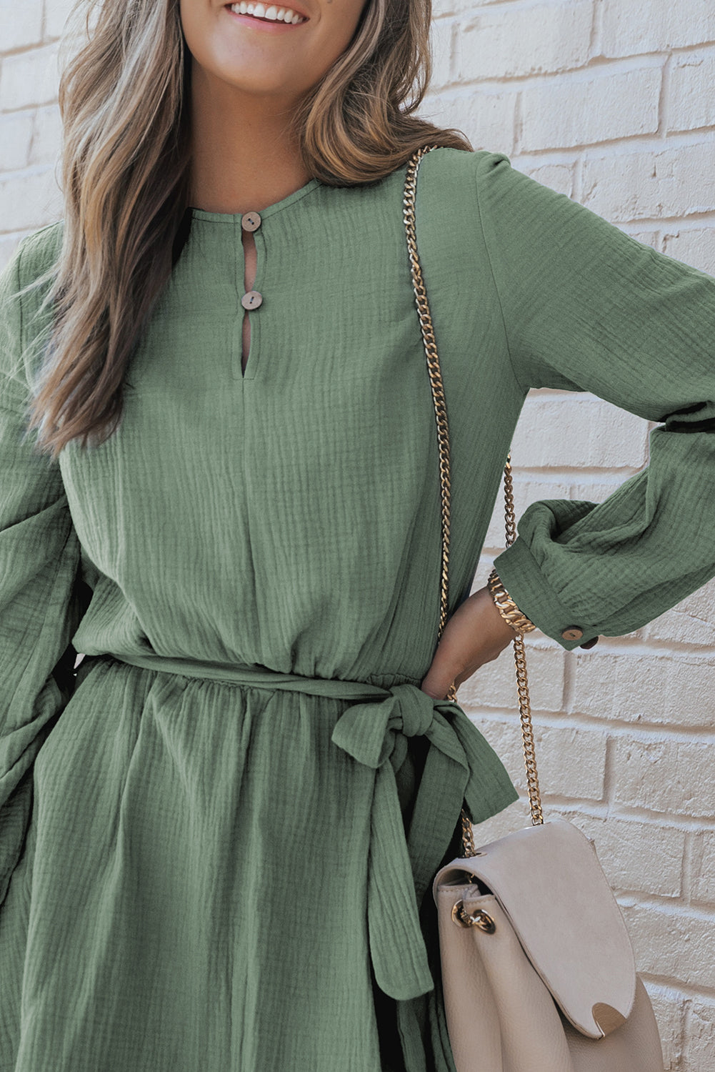 Gauze Puff Sleeve Belted Dress