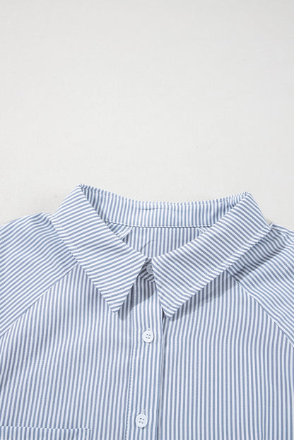 Stripe Buttoned Collar Smocked Long Sleeve Blouse