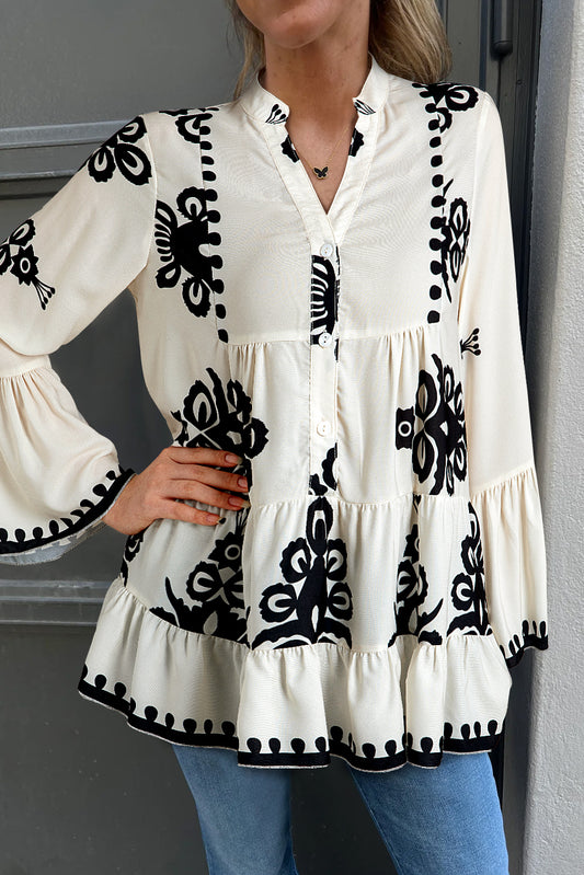 Abstract Bell Sleeve Buttoned Blouse