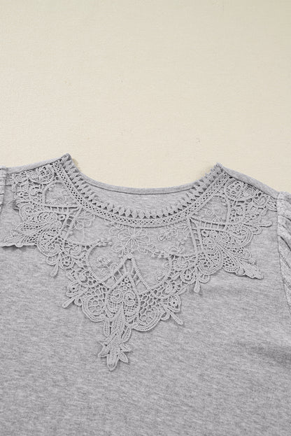 Hollow Lace Ribbed Knit Patchwork Long Sleeve Top