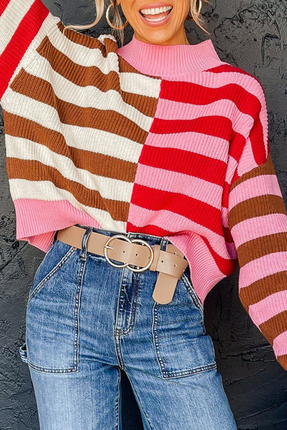 Stripe Colorblock High Neck Sweater