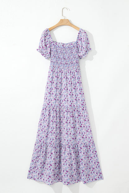 Floral Bubble Sleeve Shirred Waist Maxi Dress