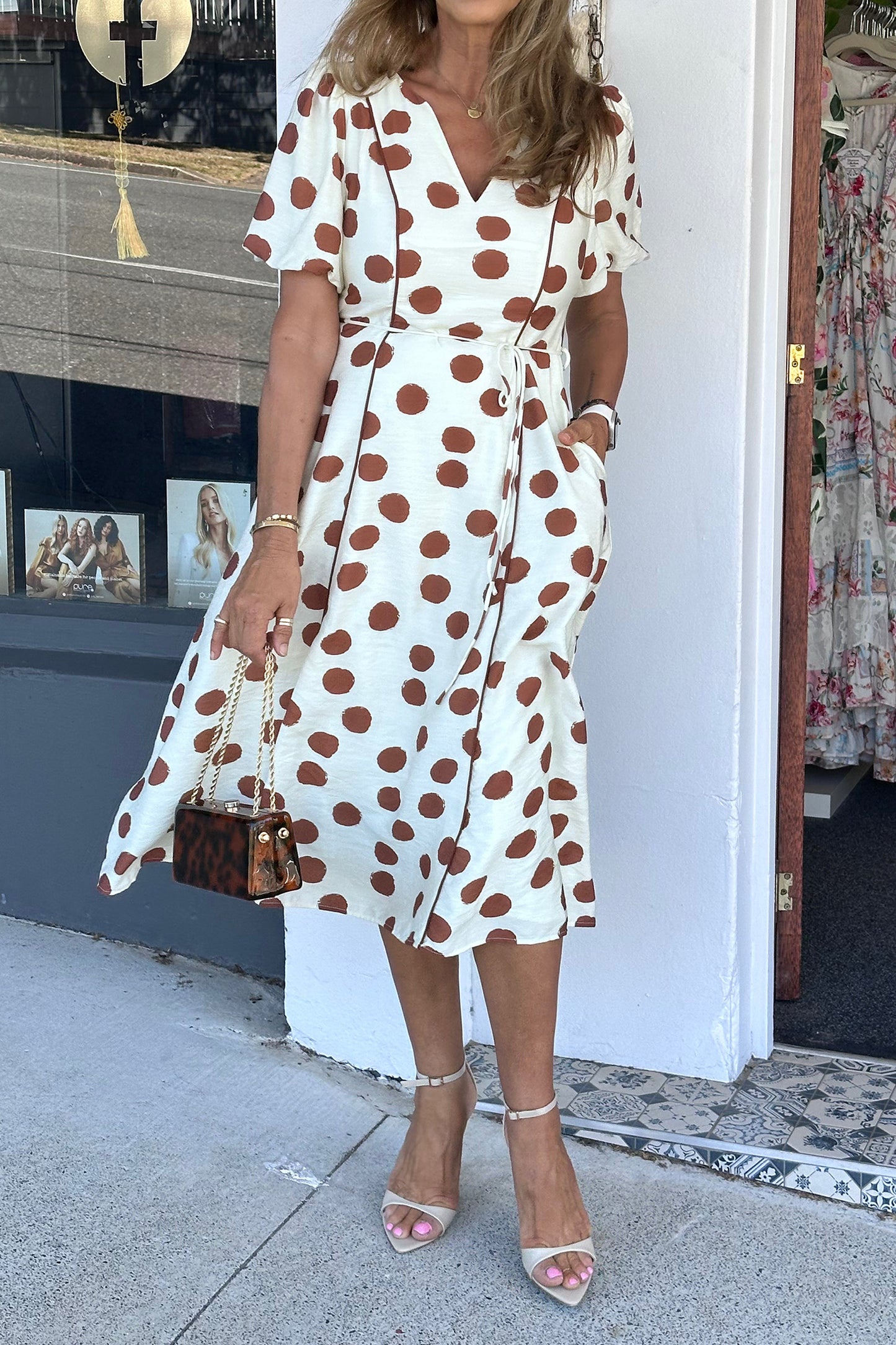 Polka Dot V-Neck Short Sleeve Midi Dress