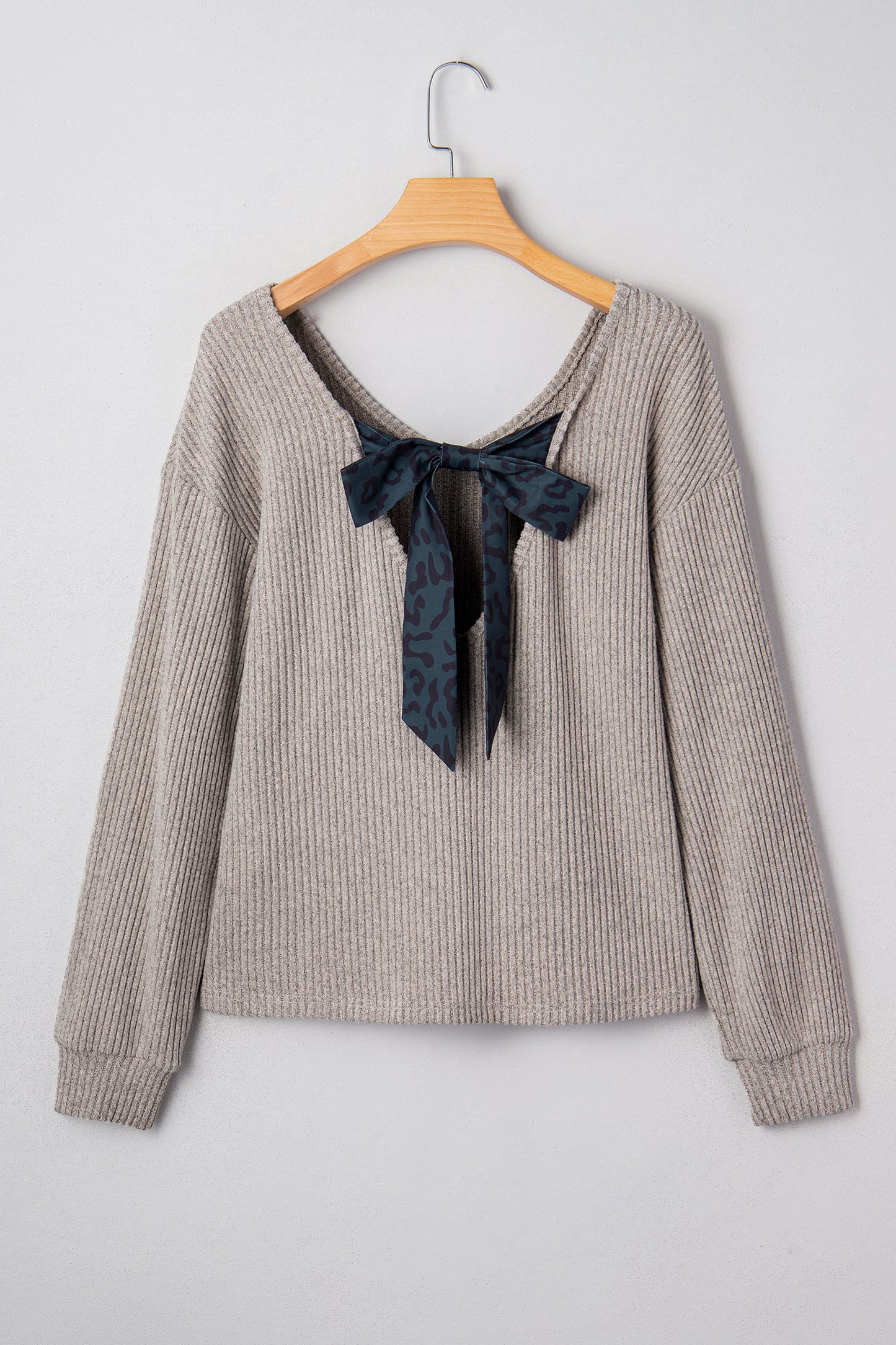 Racing Red Ribbed V Neck Contrast Ribbon Bow Back Drop Shoulder Long Sleeve Top