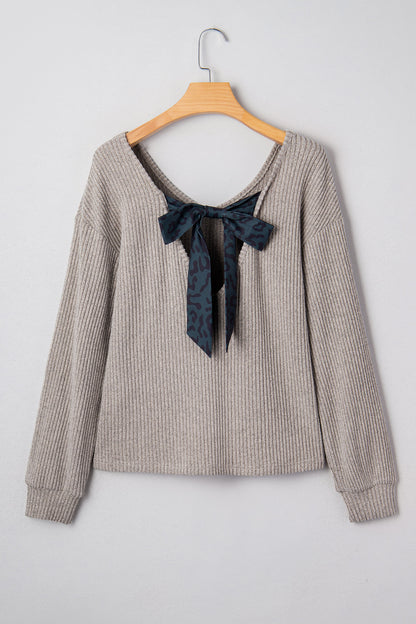 Racing Red Ribbed V Neck Contrast Ribbon Bow Back Drop Shoulder Long Sleeve Top