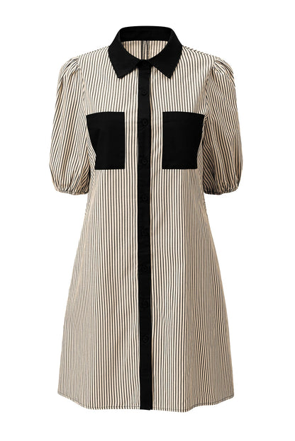 Stripe Patchwork Chest Pocket Mini Shirt Dress