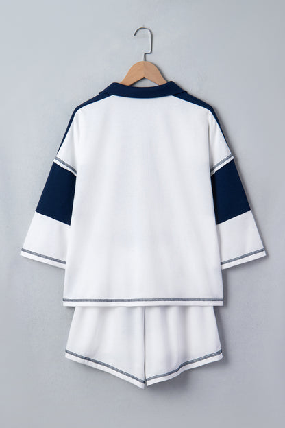 Exposed Seam 3/4 Sleeve Top & Elastic Waist Shorts Set