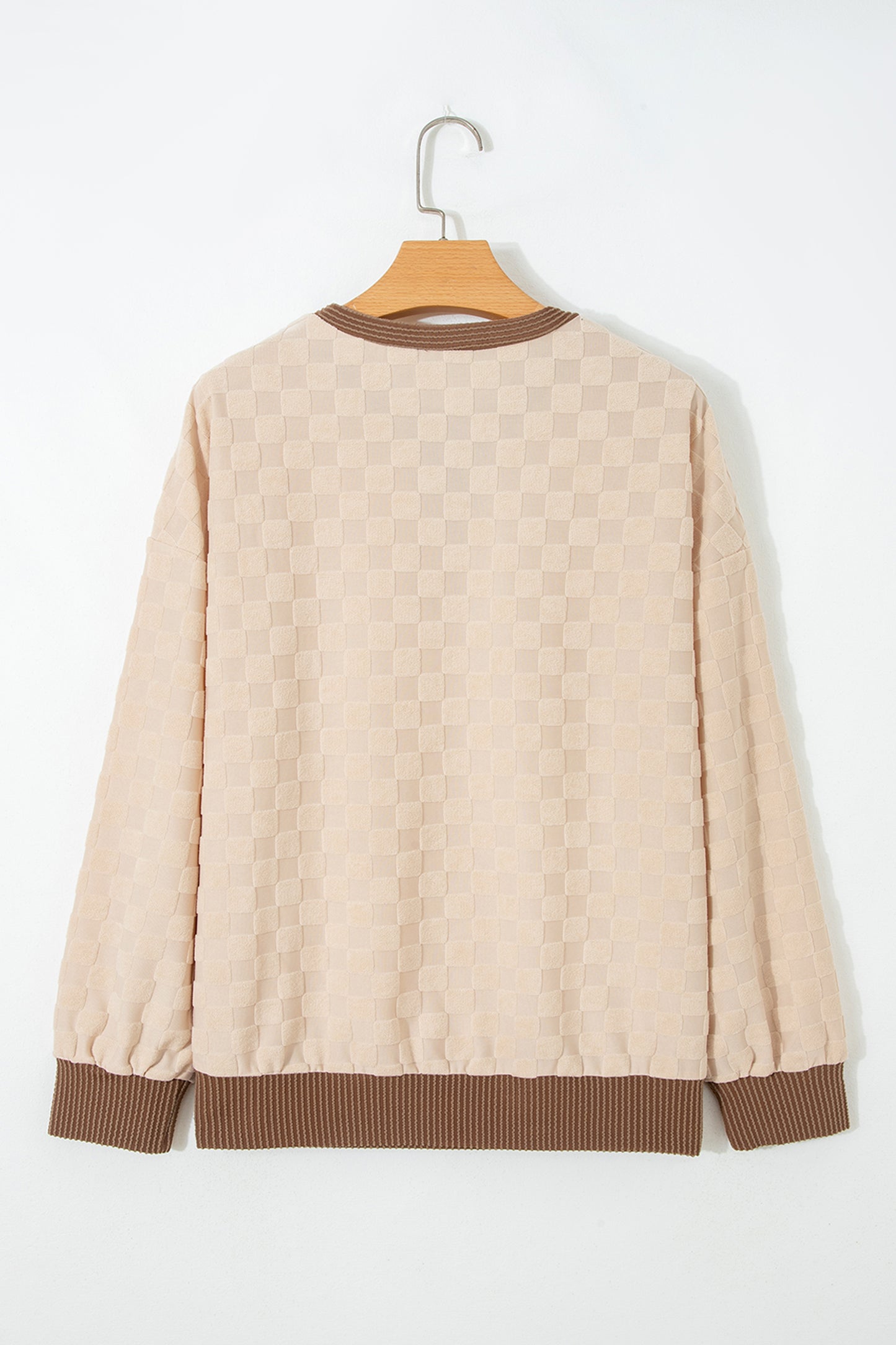 Checker Corded Knit Contrast Trim Long Sleeve Top