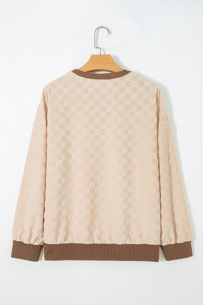 Checker Corded Knit Contrast Trim Long Sleeve Top