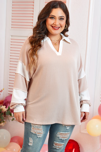 Plus Size Colorblock V-Neck Patchwork Long Sleeve Top