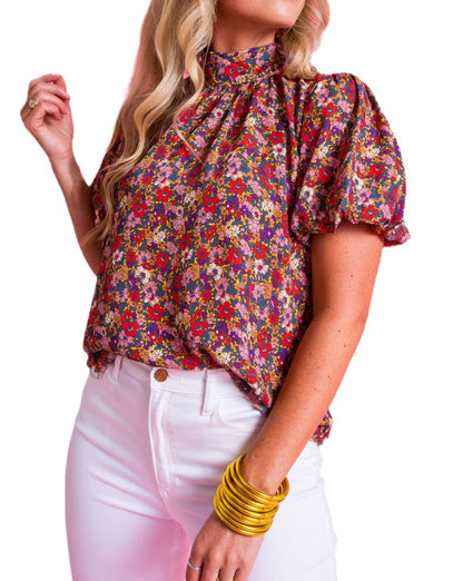 Floral Tied Mock Neck Blouse