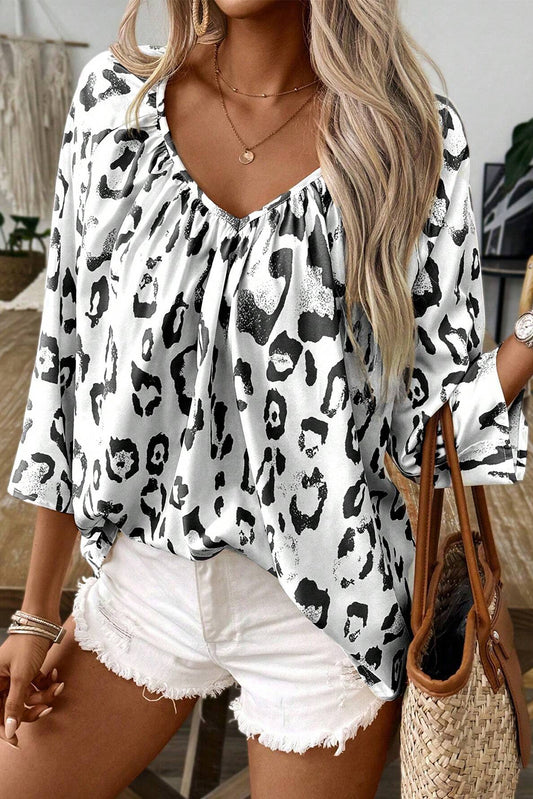 Leopard V-Neck 3/4 Sleeve Blouse