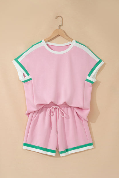 Stripe Trim T-Shirt & Drawstring Shorts Set