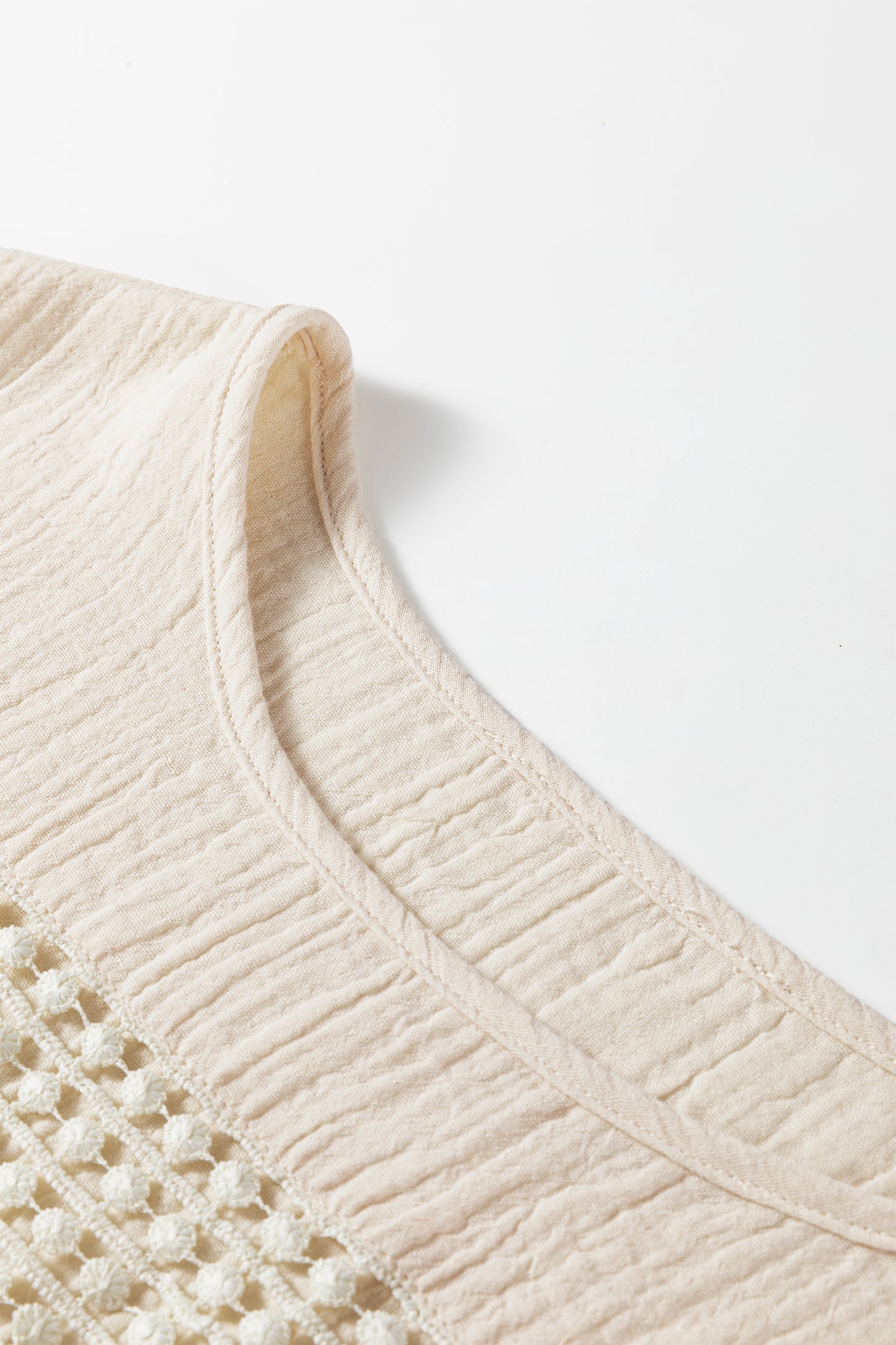 Crochet Insert Crinkle Gauze Short Sleeve Blouse