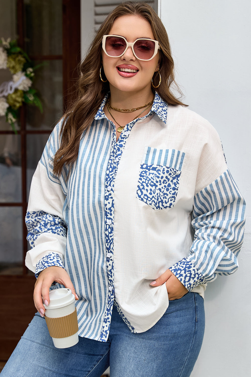 Plus Size Leopard Stripe Patchwork Button-Up Shirt