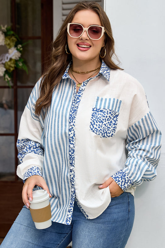 Plus Size Leopard Stripe Patchwork Button-Up Shirt