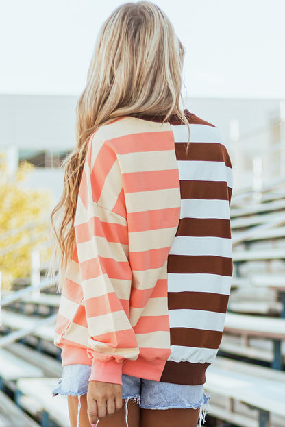Stripe Colorblock Drop Shoulder Crewneck Sweatshirt