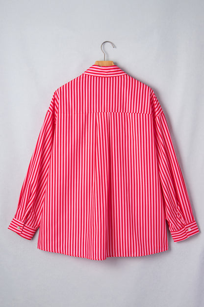 Stripe Patch Pocket Button-Up Long Sleeve Blouse