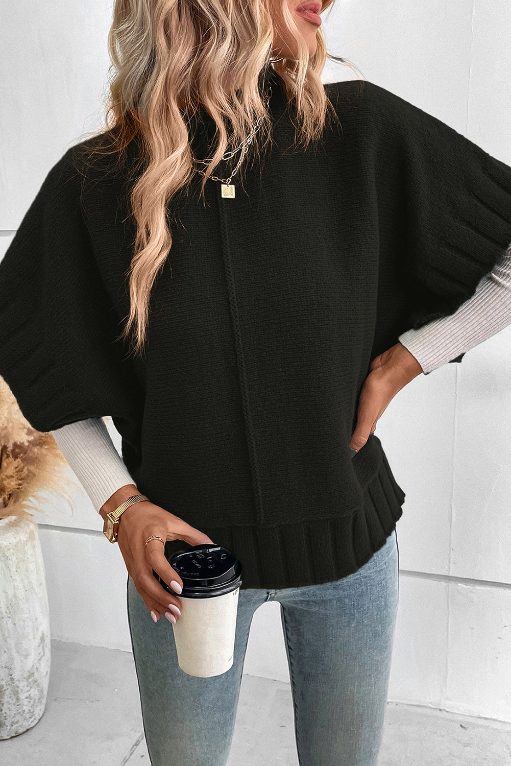 Batwing Sleeve Mock Neck Sweater