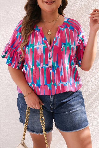 Abstract Ruffle Sleeve Buttoned Blouse Plus Size