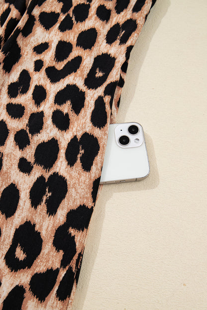 Leopard Smocked V-Neck Flowy Midi Dress