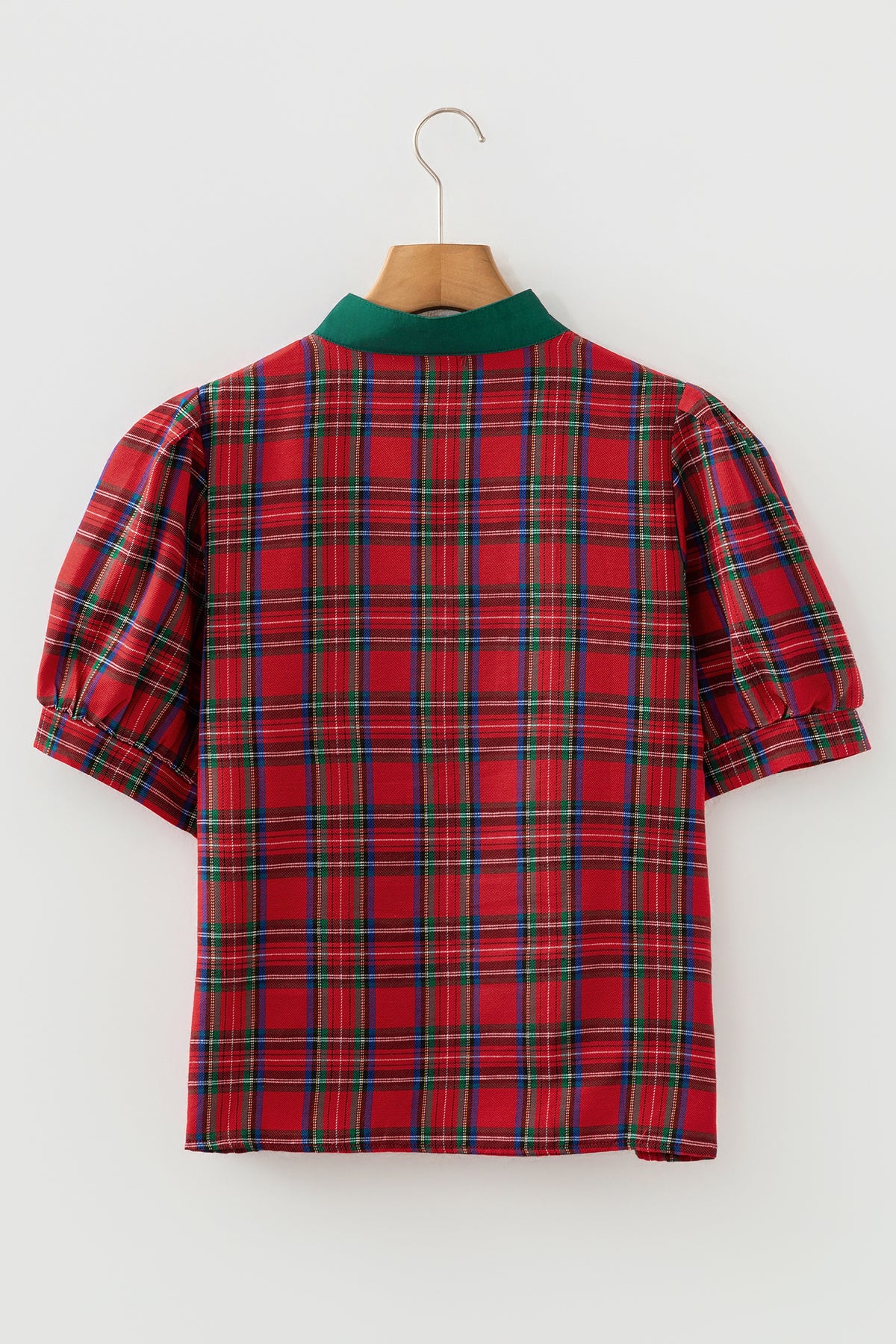 Plaid Contrast Trim V-Neck Short Sleeve Blouse