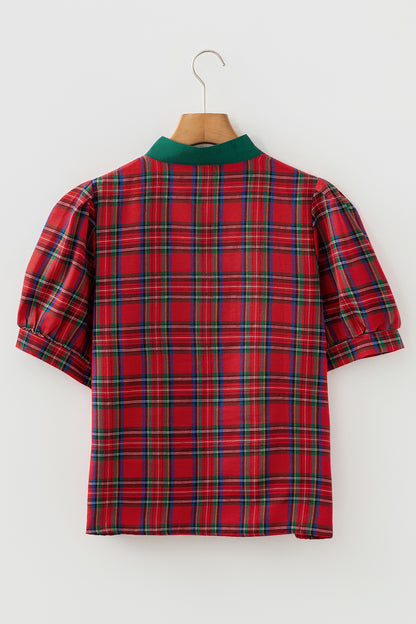 Plaid Contrast Trim V-Neck Short Sleeve Blouse