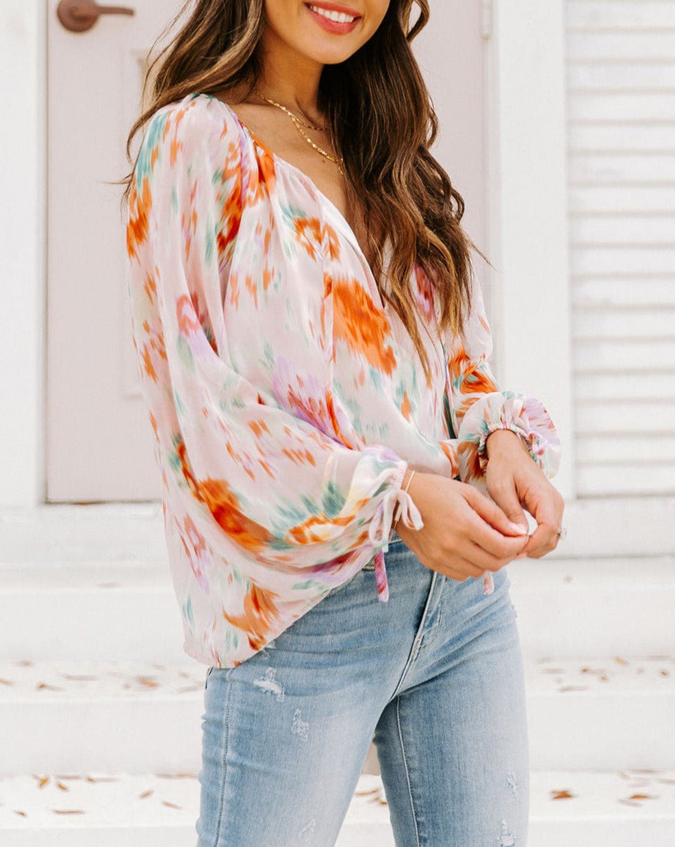 Abstract Floral Puff Sleeve Blouse