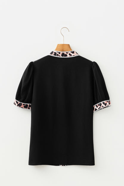 Leopard Trim Puff Sleeve Buttoned V-Neck Shirt