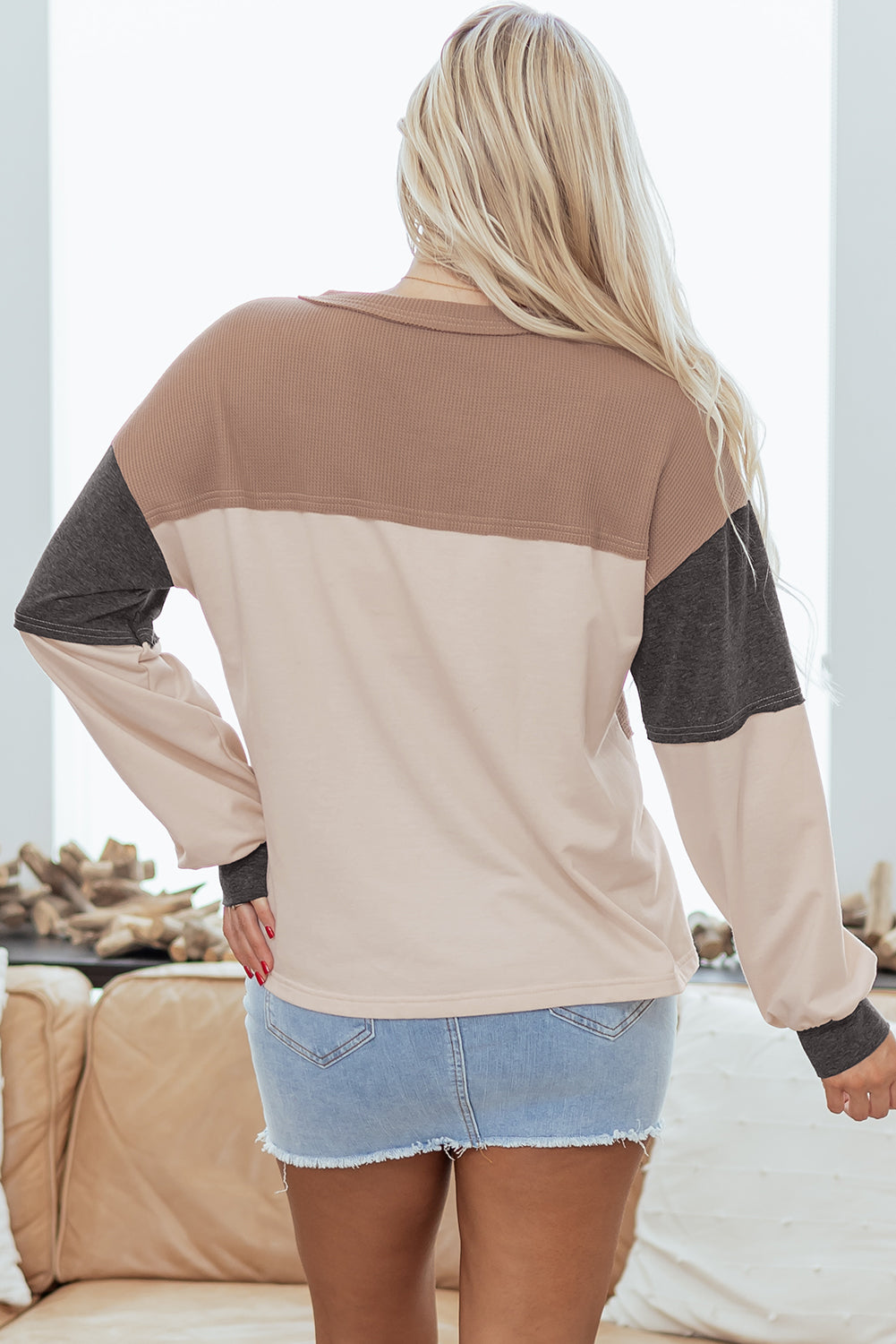 Colorblock Waffle Knit Patchwork Henley Top