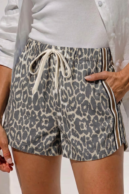 Leopard Stripe Detail Drawstring Denim Shorts