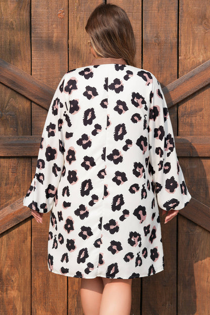 Plus Size Leopard Contrast V-Neck Mini Dress