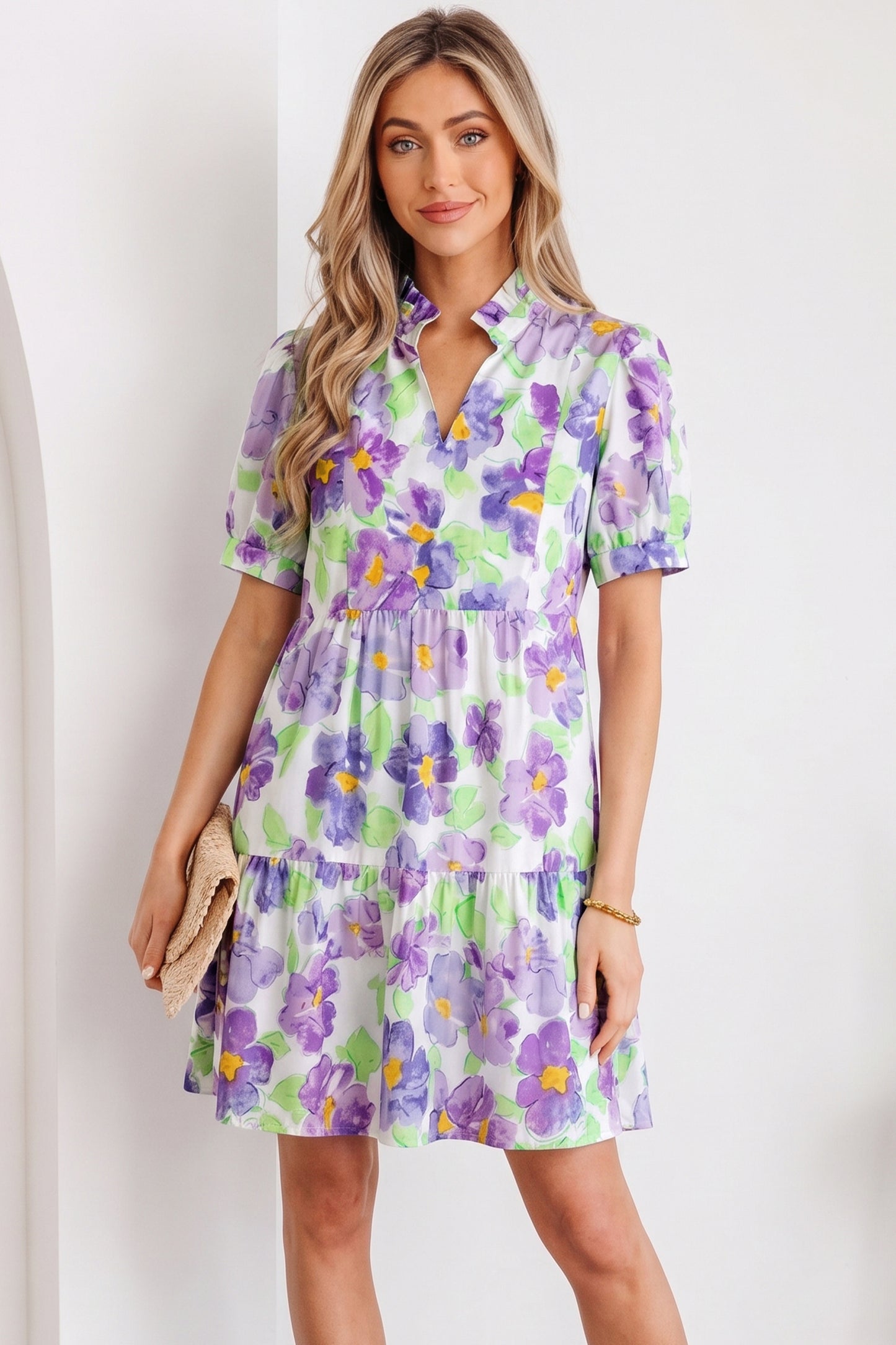 Floral Collared V-Neck Tiered Ruffle Mini Dress