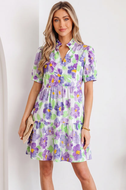 Floral Collared V-Neck Tiered Ruffle Mini Dress