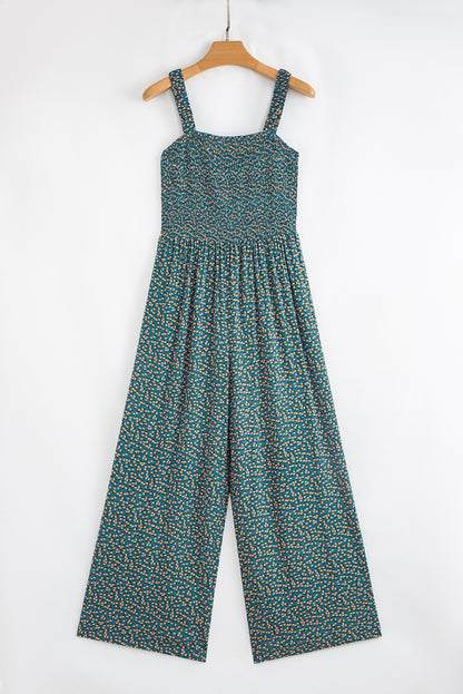 Floral Smocked High Waist Square Neck Jumpsuit