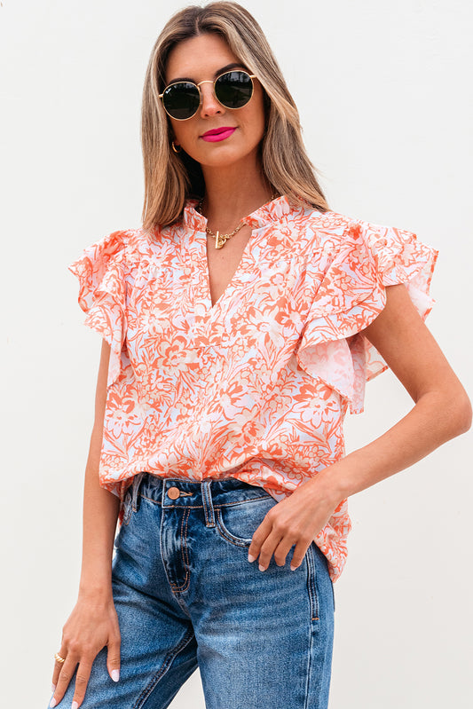 Floral Ruffle Sleeve Split Neck Blouse