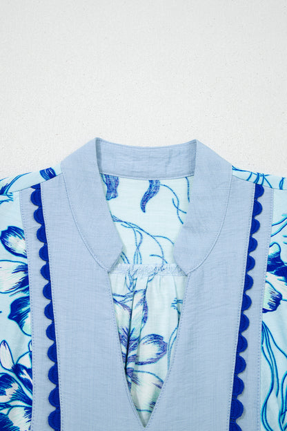 Floral Scalloped Ricrac Trim V-Neck Blouse