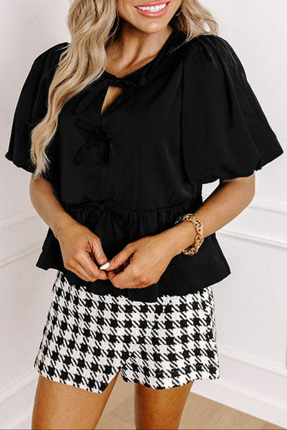 Bow Puff Sleeve Peplum Blouse