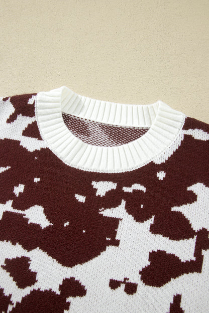 Western Cow Print Ribbed Round Neck Sweater
