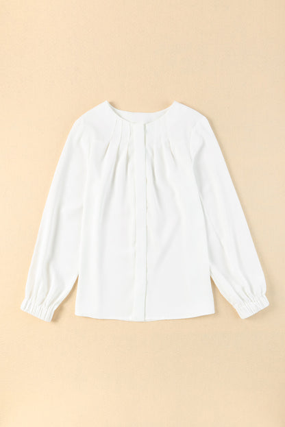 Pleated Crewneck Puff Sleeve Shirt