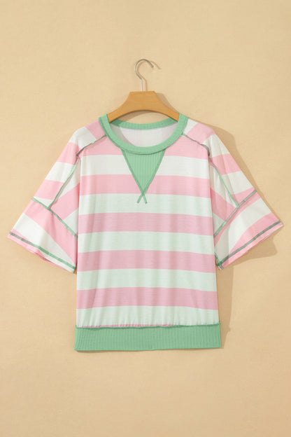 Stripe Exposed Seam Ribbed Patchwork Oversized Tee