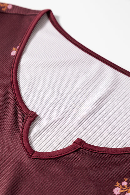 Floral Ribbed Notched Neck Long Sleeve Top