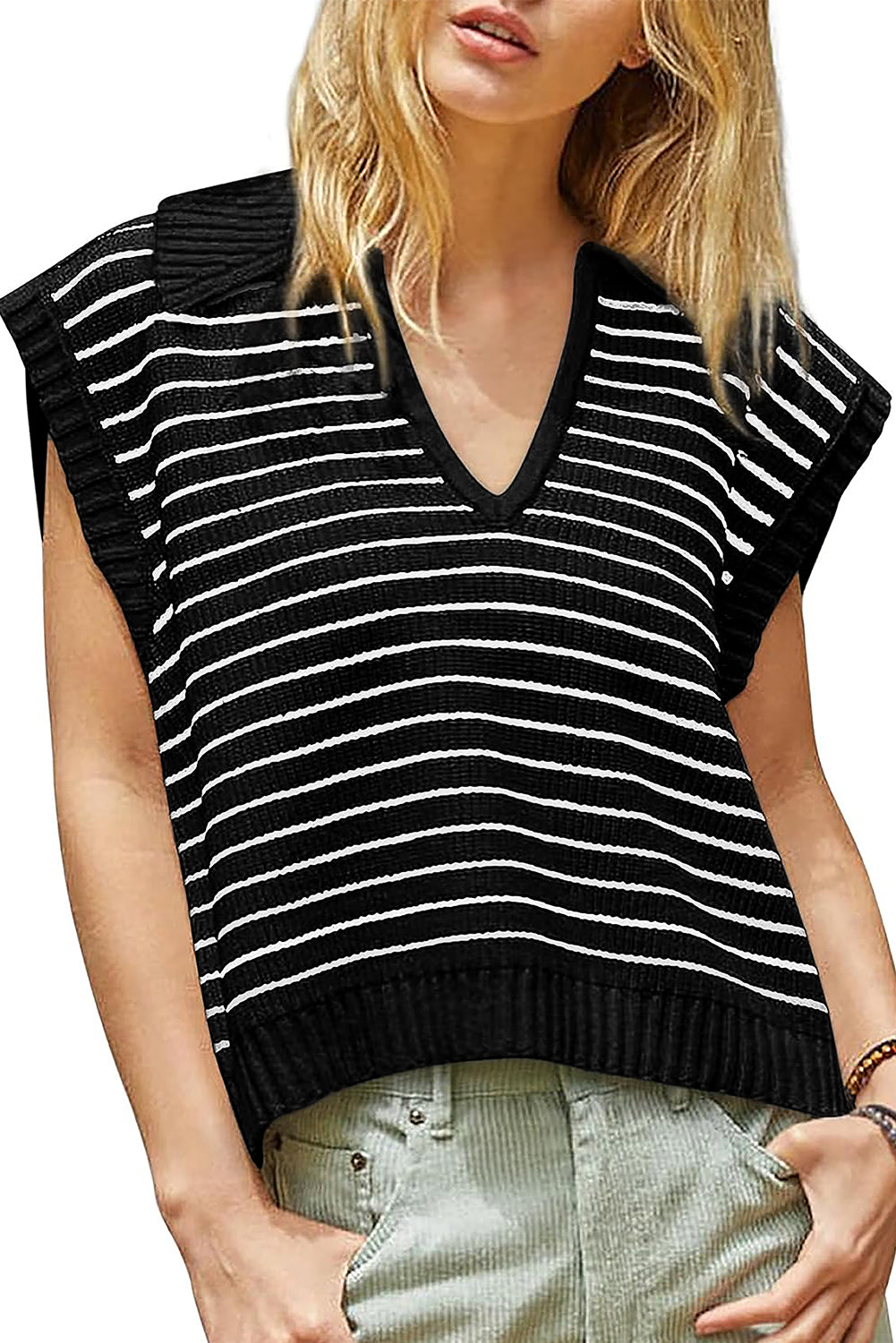 Stripe Collared Sweater Tank Top