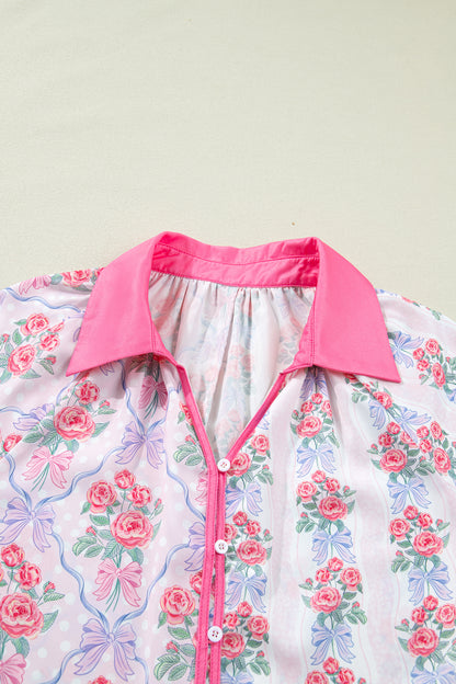 Floral Collared V-Neck Ruffle 3/4 Sleeve Shirt